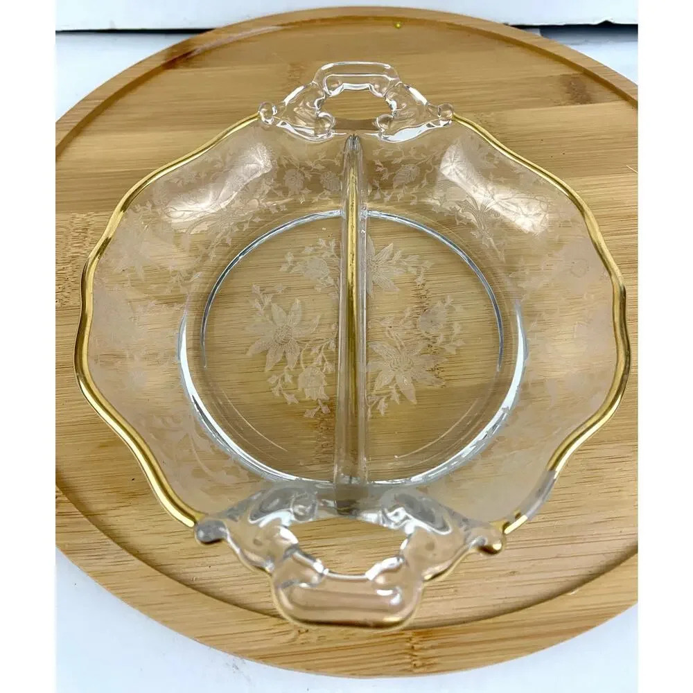 VTG Cambridge Divided Handled Relish Glass‎ Dish Wildflower Clear Gold Trim